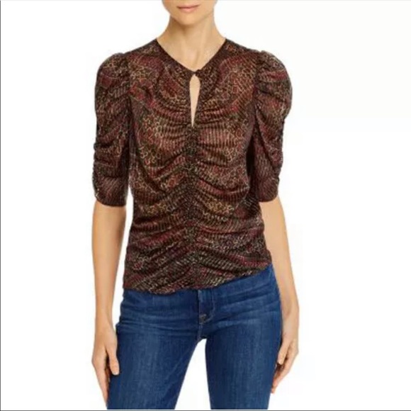 Frame Shirred Keyhole Metallic Silk Ruched Blouse top - Picture 2 of 3